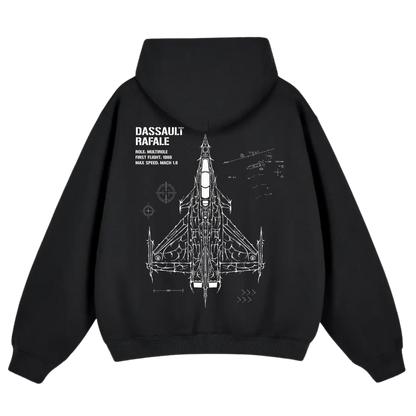 Black hoodie with white technical drawing of Dassault Rafale jet on back, aviation streetwear