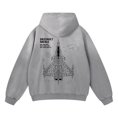 Grey hoodie featuring Dassault Rafale jet blueprint graphic and technical details on back