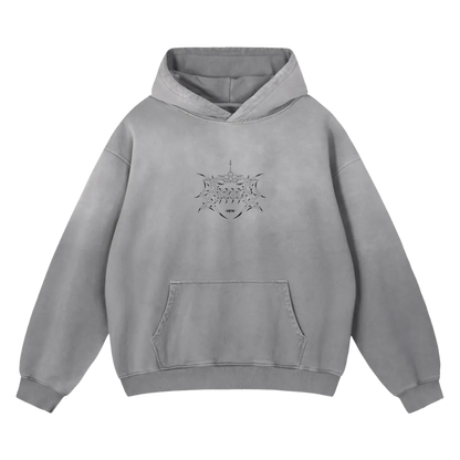 Grey tactical streetwear hoodie with aviation-inspired linework graphic on front chest