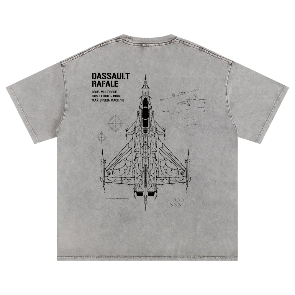 Grey t-shirt back with black Dassault Rafale fighter jet blueprint graphic and technical text