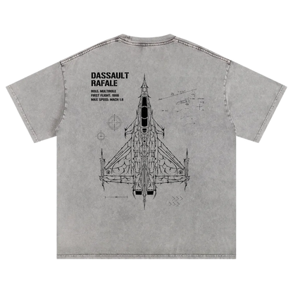 Grey t-shirt back with black Dassault Rafale fighter jet blueprint graphic and technical text