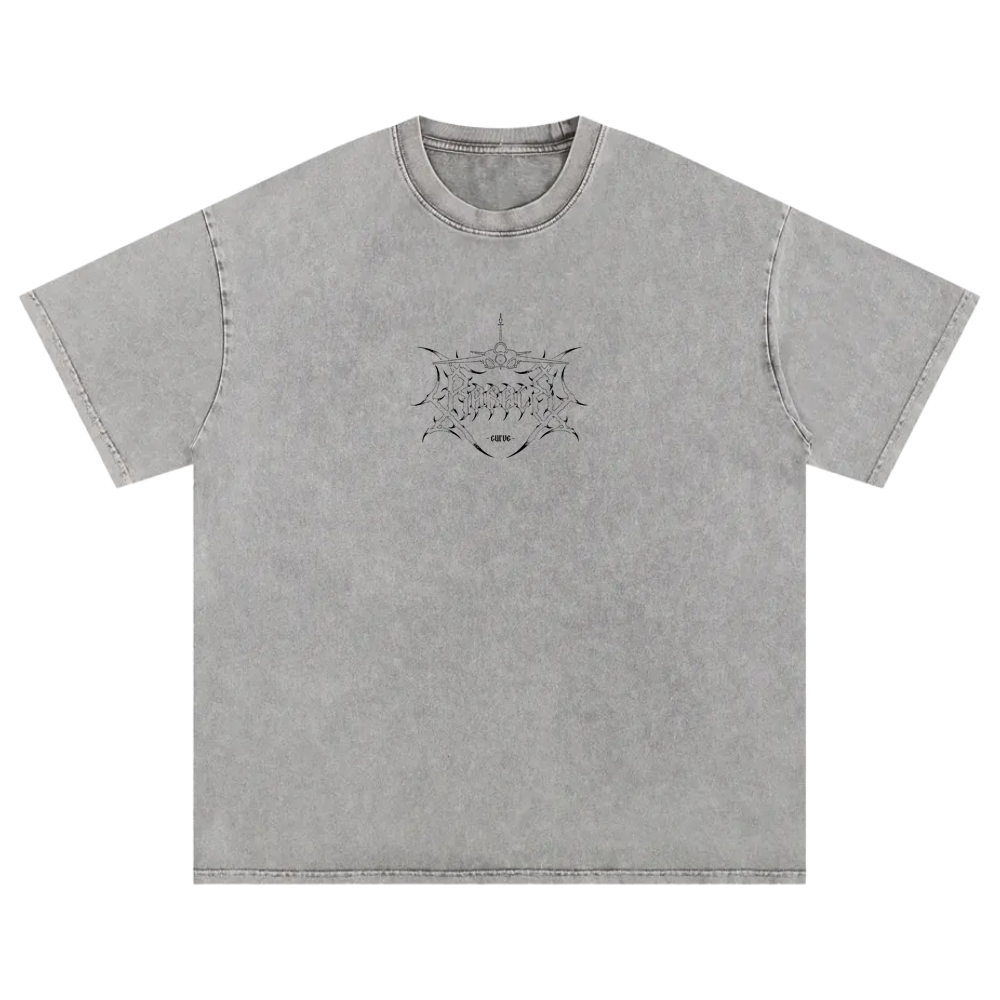 Grey streetwear t-shirt with aviation-inspired graphic and modern artistic linework on front