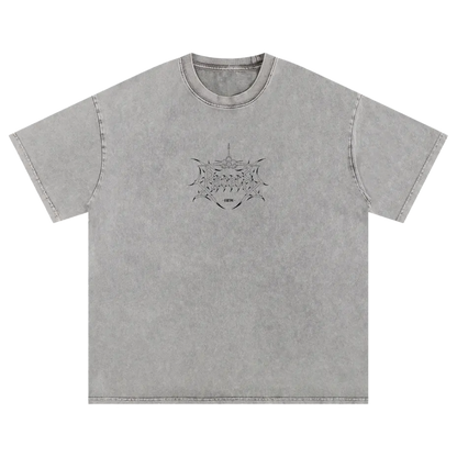 Grey streetwear t-shirt with aviation-inspired graphic and modern artistic linework on front