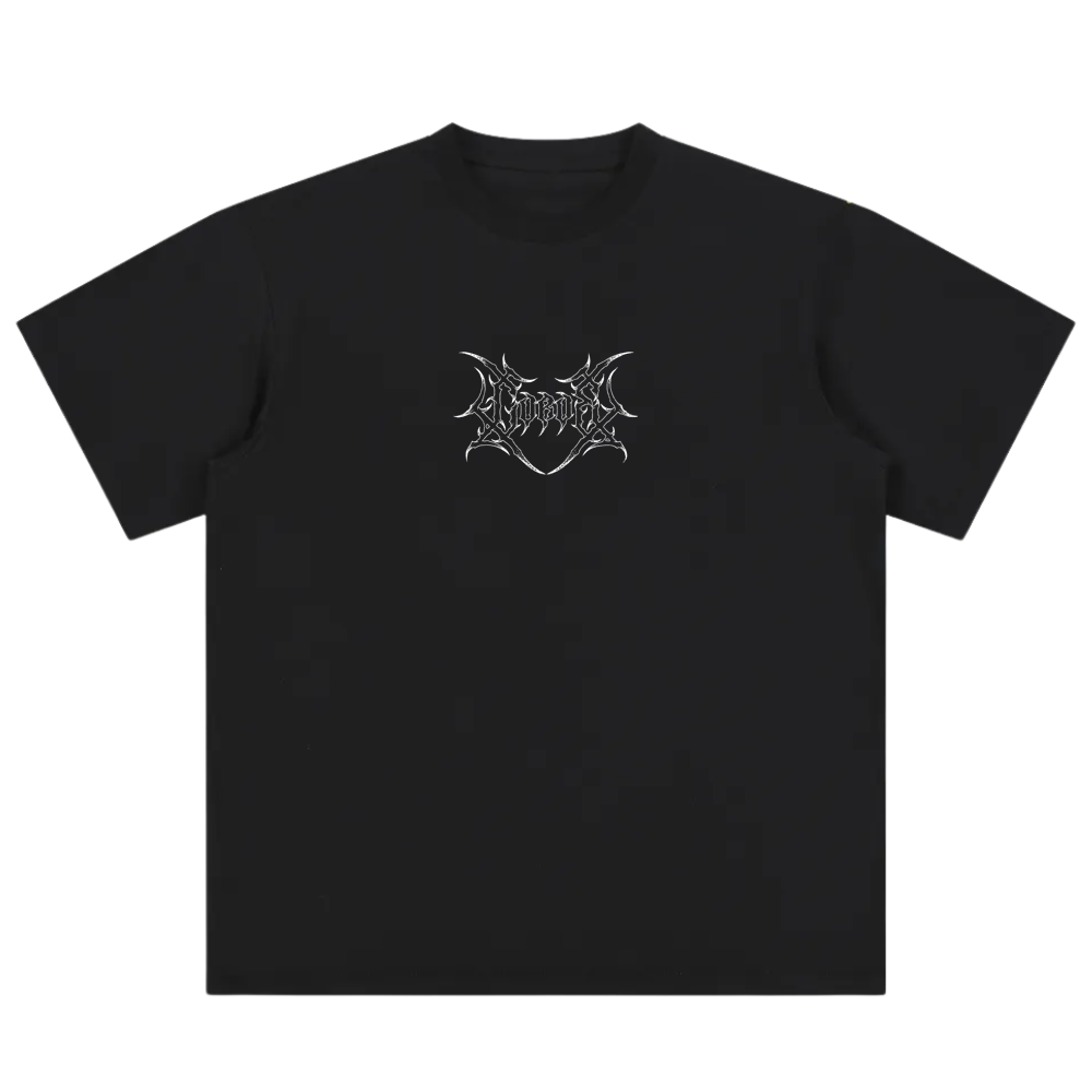Black streetwear t-shirt with metallic linework logo graphic on chest, aviation-inspired design