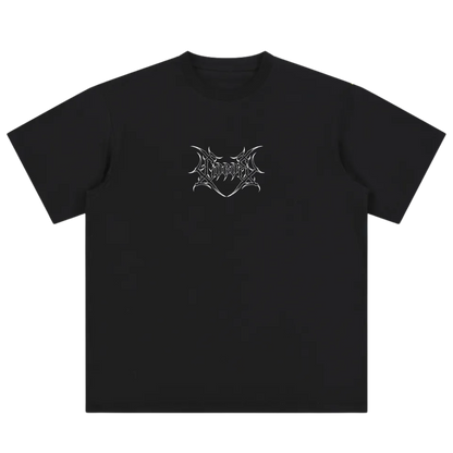 Black streetwear t-shirt with metallic graphic logo and modern linework detail on chest.