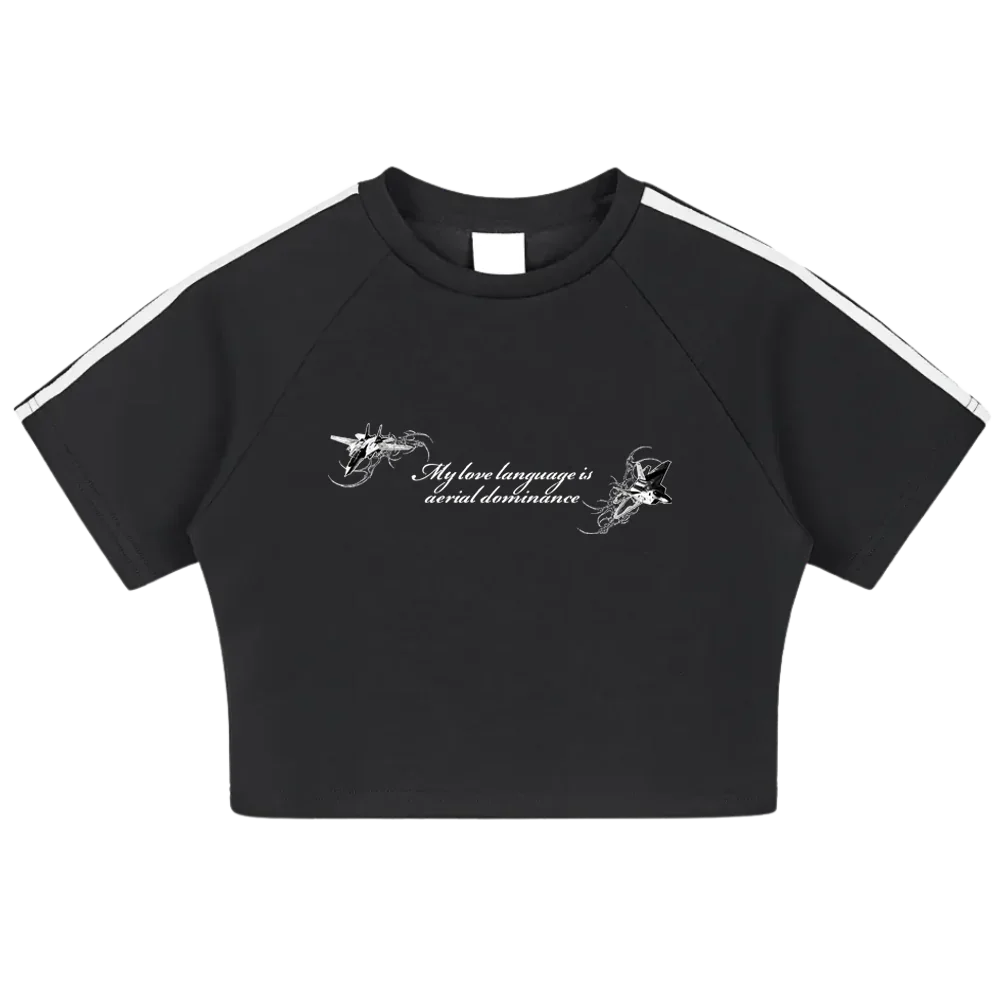 Black crop top with aviation-inspired graphic and 'My love language is aerial dominance' text