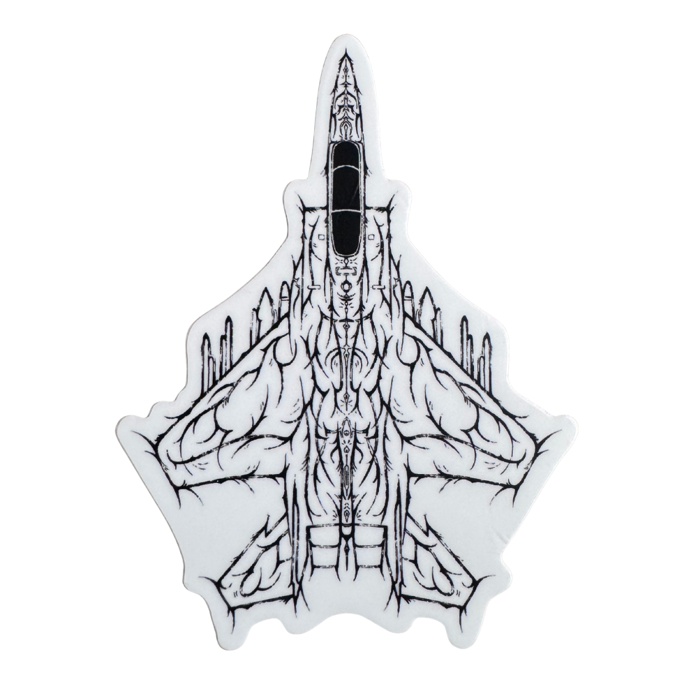 Sticker with black line art of a tactical jet and muscular human anatomy fusion design