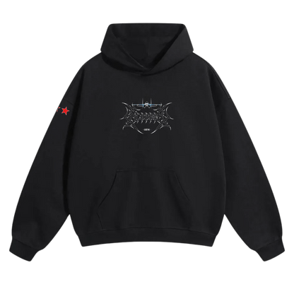 Black hoodie with aviation-inspired graphic on chest and red star on sleeve, front view
