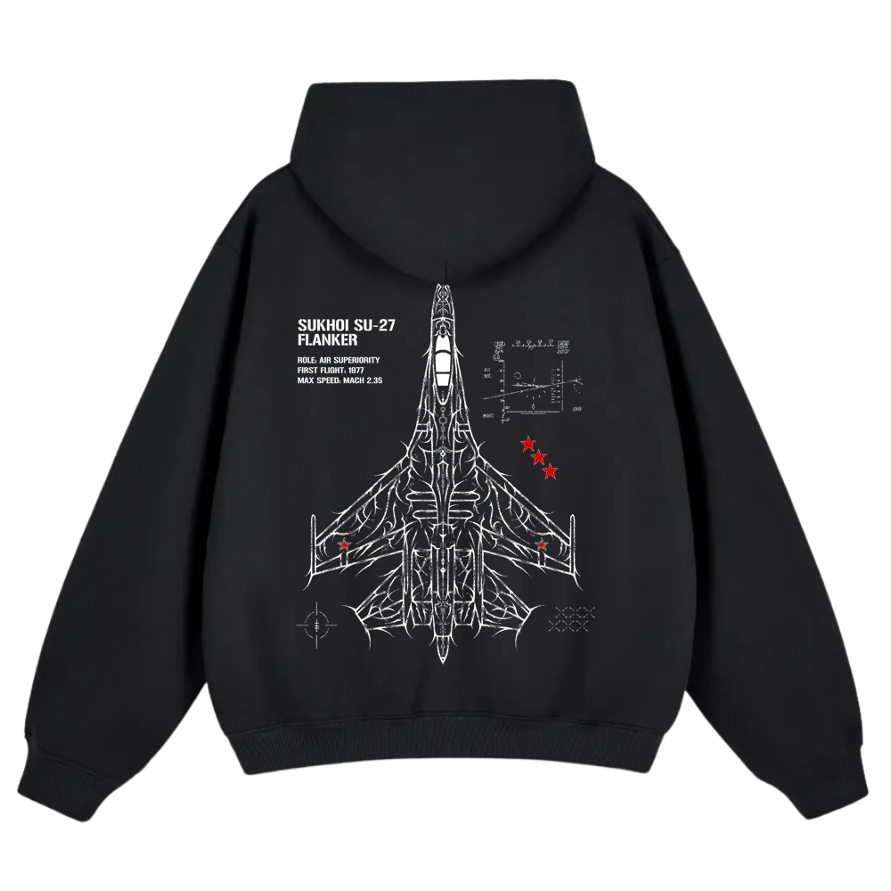 Black hoodie featuring white line art blueprint of SU-27 fighter jet and technical details