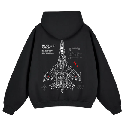 Black hoodie featuring white line art blueprint of SU-27 fighter jet and technical details