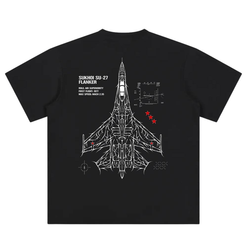 Black t-shirt with Sukhoi SU-27 Flanker jet blueprint and aviation-inspired graphics on back