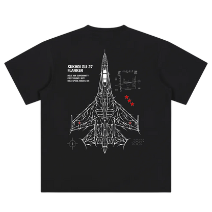 Black t-shirt with Sukhoi SU-27 Flanker jet blueprint and aviation-inspired graphics on back