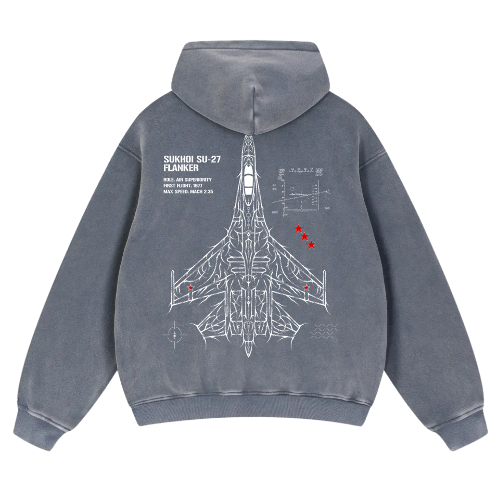 Blue hoodie featuring Sukhoi SU-27 fighter jet blueprint graphic with technical details on back