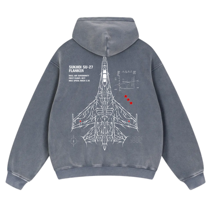 Blue hoodie featuring Sukhoi SU-27 fighter jet blueprint graphic with technical details on back