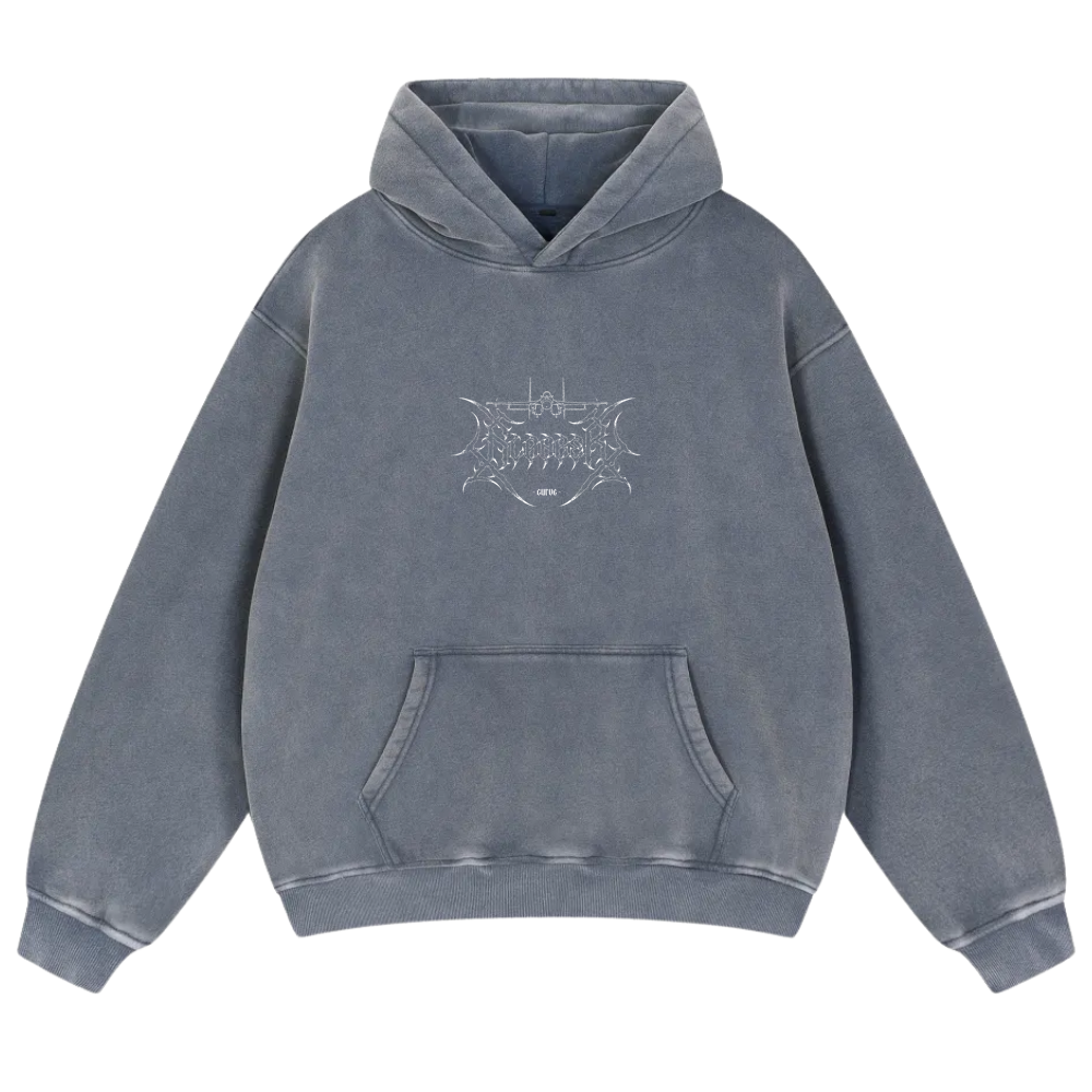 Washed blue hoodie with front aviation-inspired graphic and kangaroo pocket