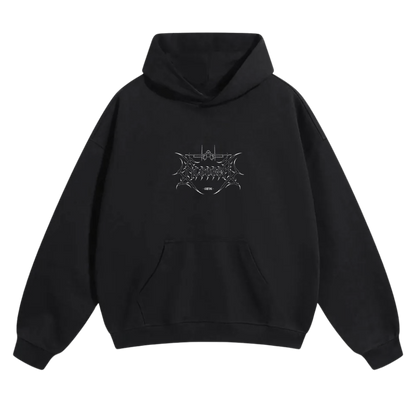 Black hoodie with silver aviation-inspired graphic and central front pocket