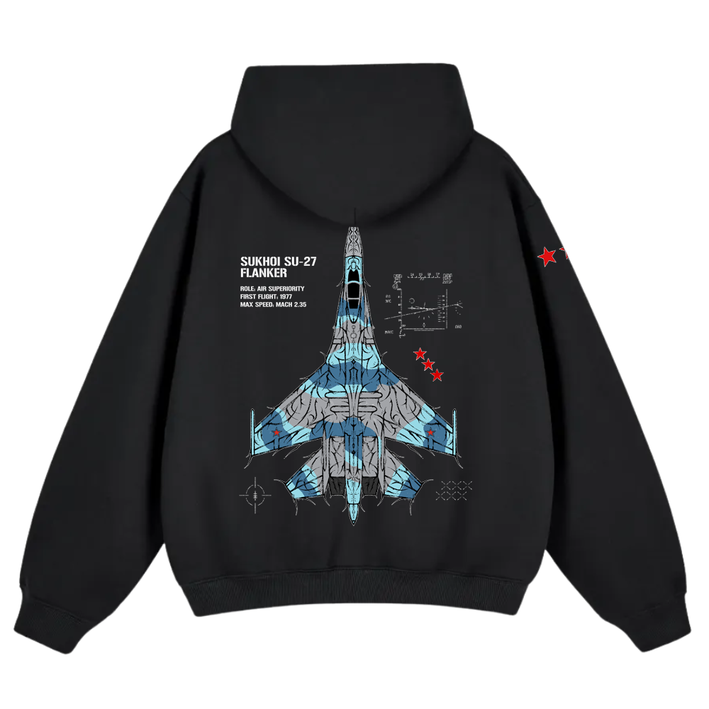 Black hoodie with blue Sukhoi SU-27 fighter jet graphic and aviation technical details on back.