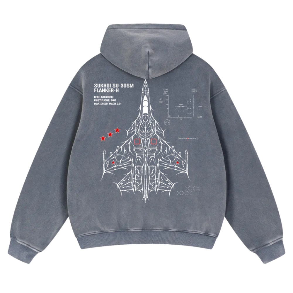 Blue hoodie with Sukhoi SU-30SM jet blueprint graphic and aviation-inspired design on back