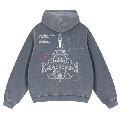Blue hoodie with Sukhoi SU-30SM jet blueprint graphic and aviation-inspired design on back
