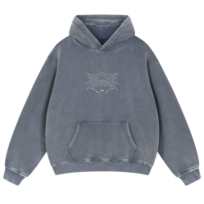 Blue hoodie with front aviation-inspired graphic and kangaroo pocket, streetwear style