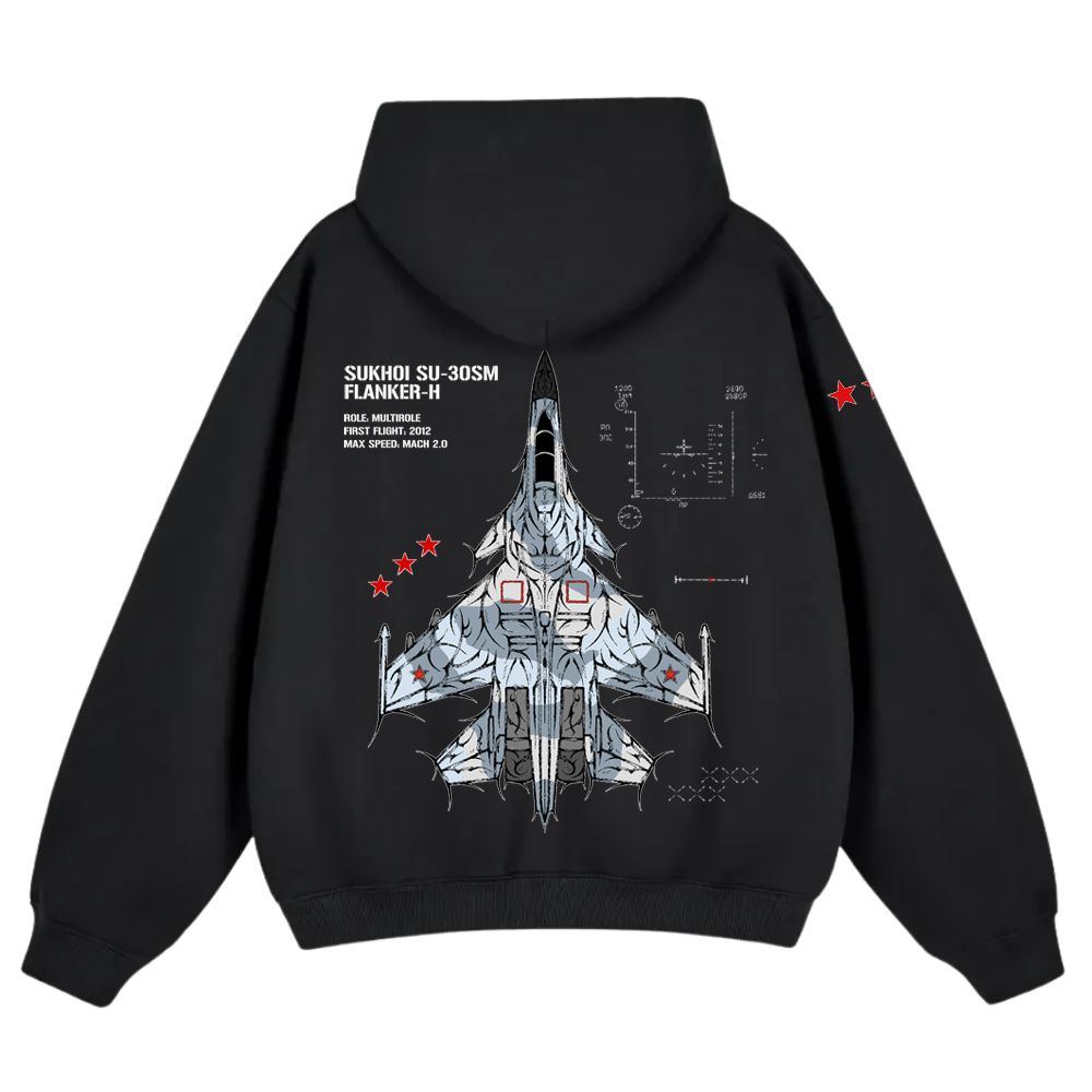 Black hoodie featuring a Sukhoi SU-30 fighter jet graphic with aviation-inspired details