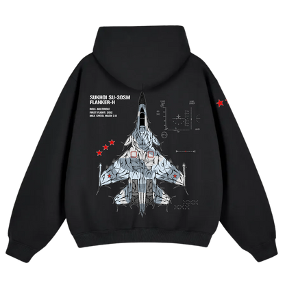 Black hoodie featuring a Sukhoi SU-30 fighter jet graphic with aviation-inspired details