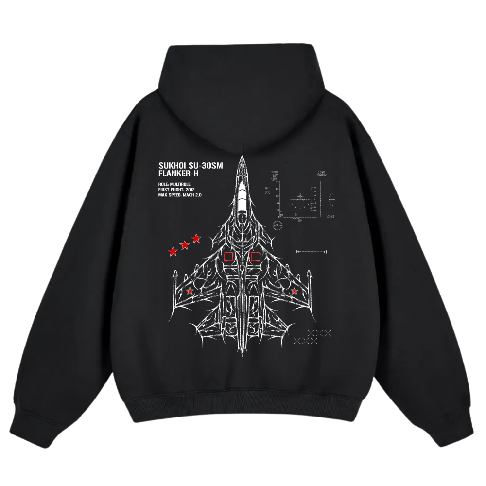 Black hoodie with aviation-inspired SU-30SM jet schematic and technical graphics on back