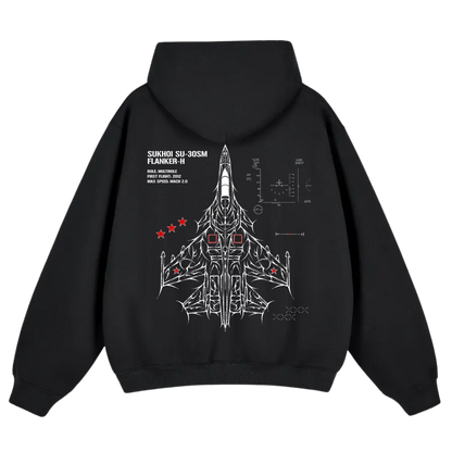 Black hoodie with aviation-inspired SU-30SM jet schematic and technical graphics on back
