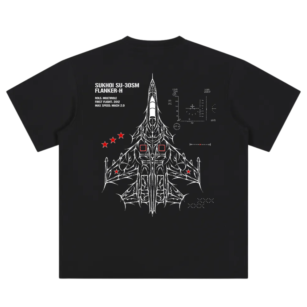 Black t-shirt with white SU-30SM fighter jet diagram and red star accents on the back.