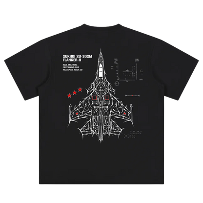 Black t-shirt with white SU-30SM fighter jet diagram and red star accents on the back.