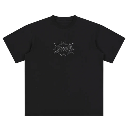 Black streetwear t-shirt with white aviation-inspired graphic and sharp modern linework