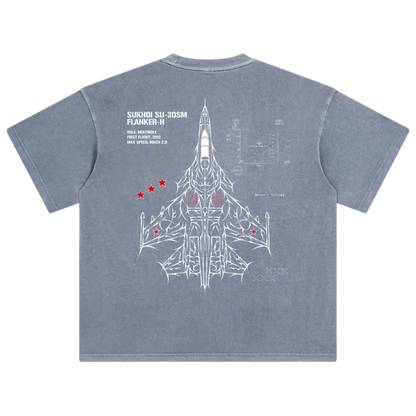 Blue t-shirt back with white line art Sukhoi SU-30SM jet, red stars, and aviation graphics