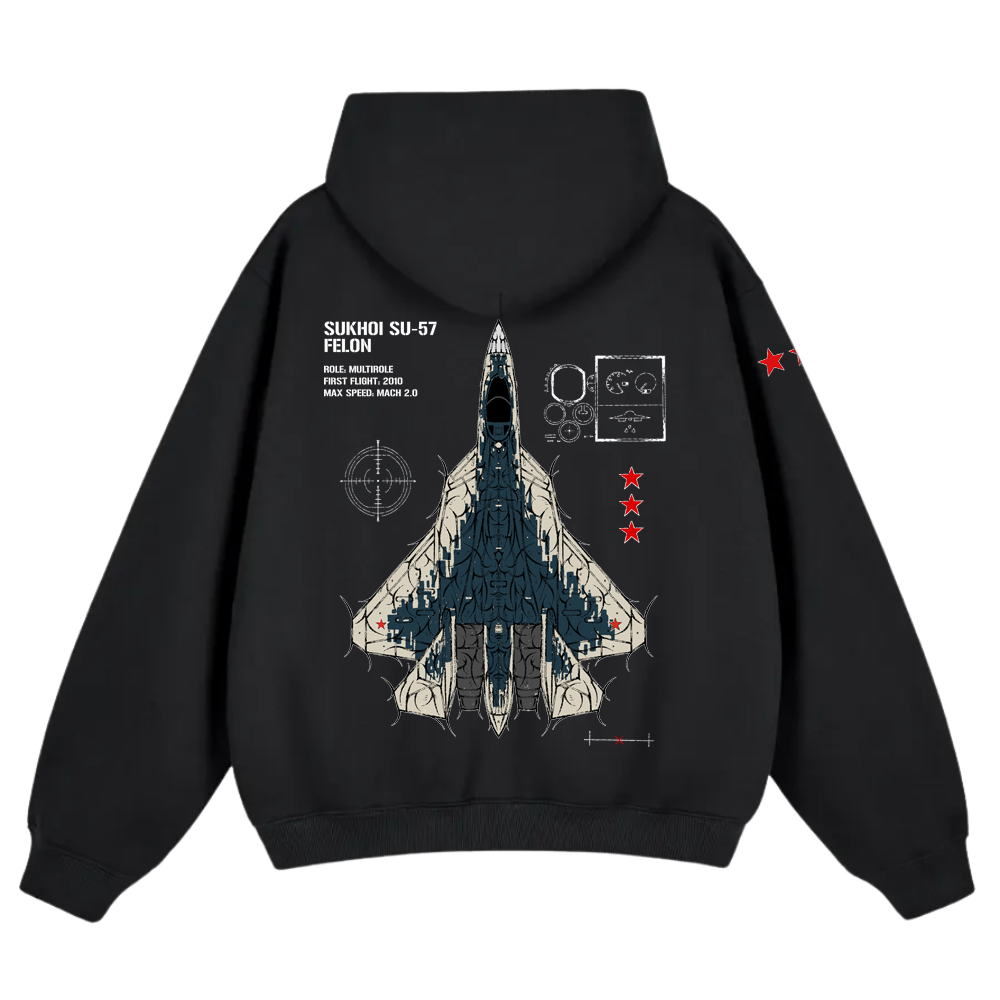 Black hoodie with aviation-inspired Sukhoi SU-57 jet graphic and technical details on back