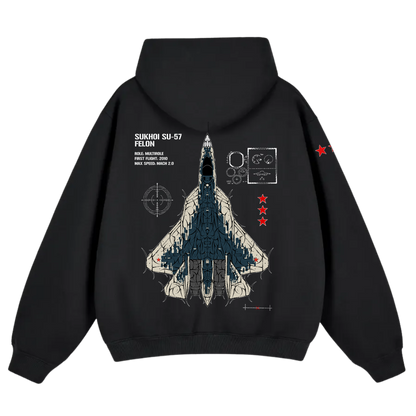 Black hoodie with aviation-inspired Sukhoi SU-57 jet graphic and technical details on back