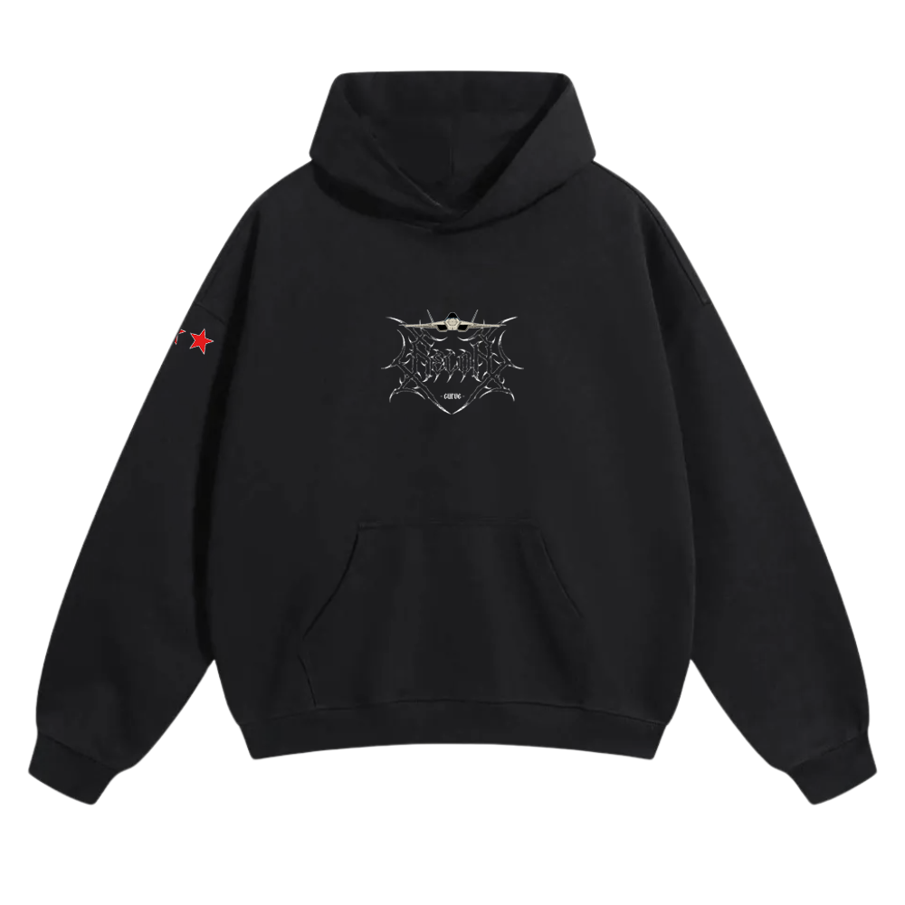 Black streetwear hoodie with metallic aviation-inspired graphic and red star sleeve detail