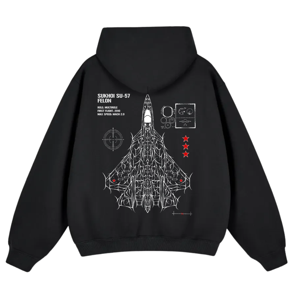 Black hoodie with white Sukhoi SU-57 fighter jet graphic and aviation-inspired linework on back