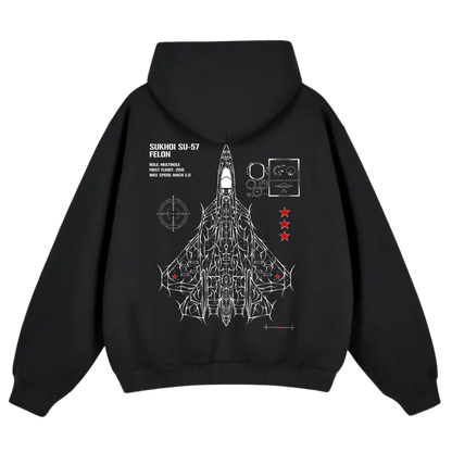 Black hoodie with white Sukhoi SU-57 fighter jet graphic and aviation-inspired linework on back