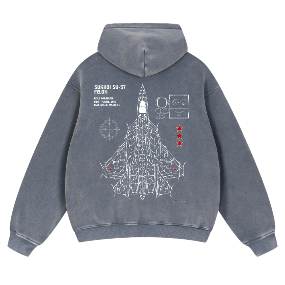 Blue hoodie back with white SU-57 jet blueprint, red stars, and technical aviation graphics
