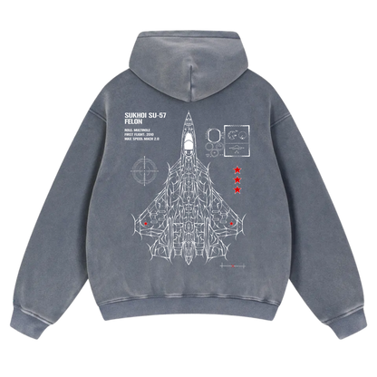 Blue hoodie back with white SU-57 jet blueprint, red stars, and technical aviation graphics