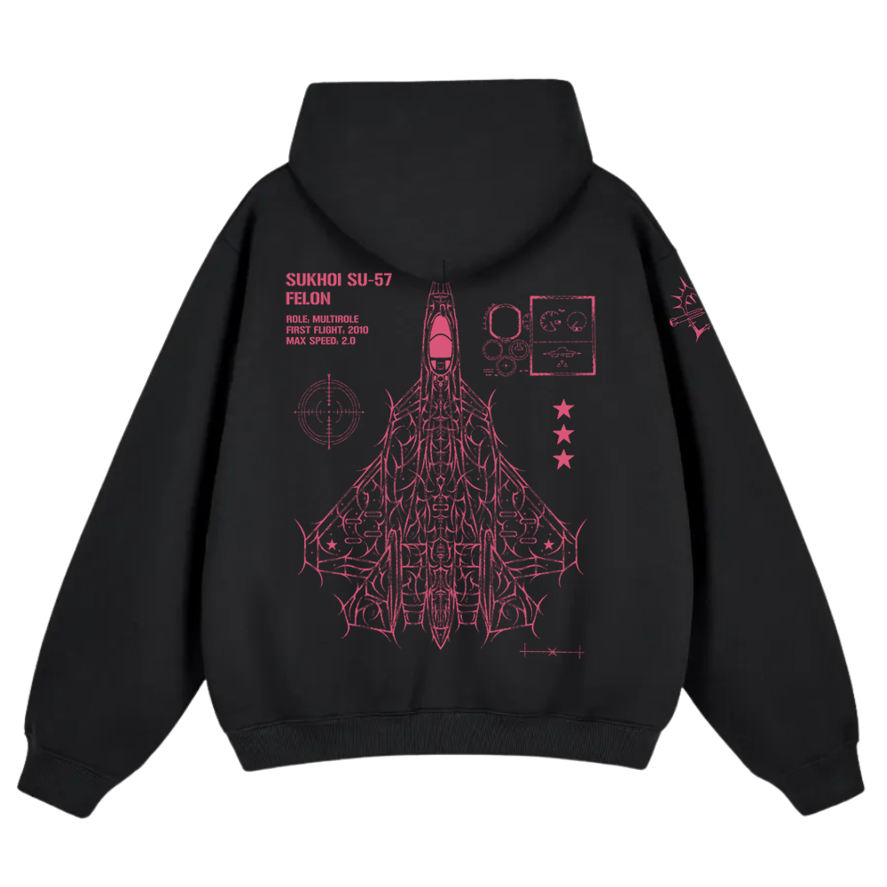 Black hoodie with pink blueprint graphic of SU-57 jet and aviation-inspired text on back
