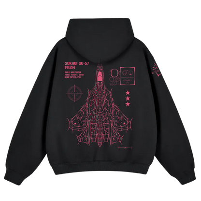 Black hoodie with pink blueprint graphic of SU-57 jet and aviation-inspired text on back