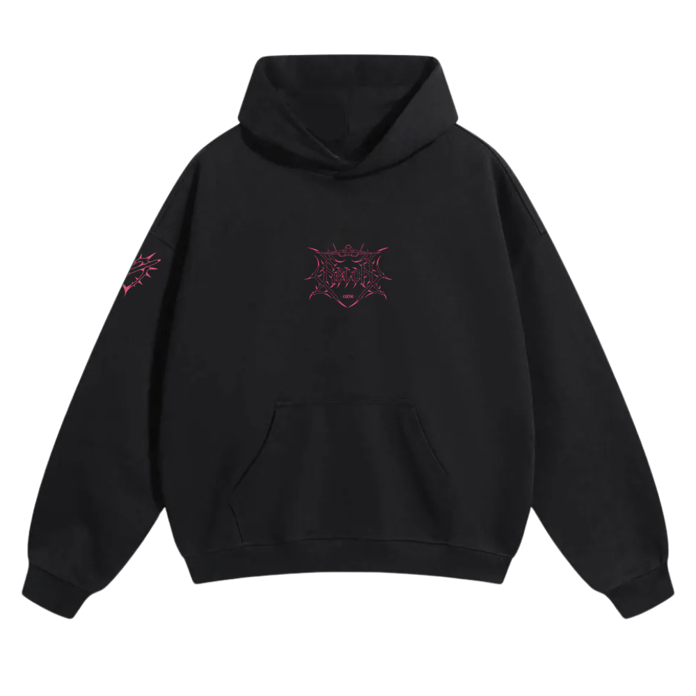 Black hoodie with pink graphic logo on chest and left sleeve, aviation-inspired streetwear