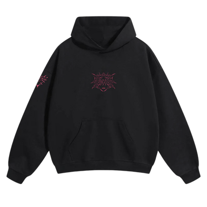 Black hoodie with pink graphic logo on chest and left sleeve, aviation-inspired streetwear