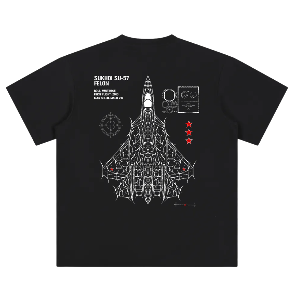 Black t-shirt with white SU-57 jet graphic, red stars, and aviation details on the back.
