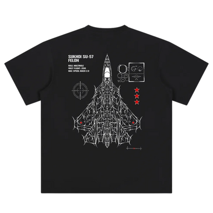 Black t-shirt with white SU-57 jet graphic, red stars, and aviation details on the back.
