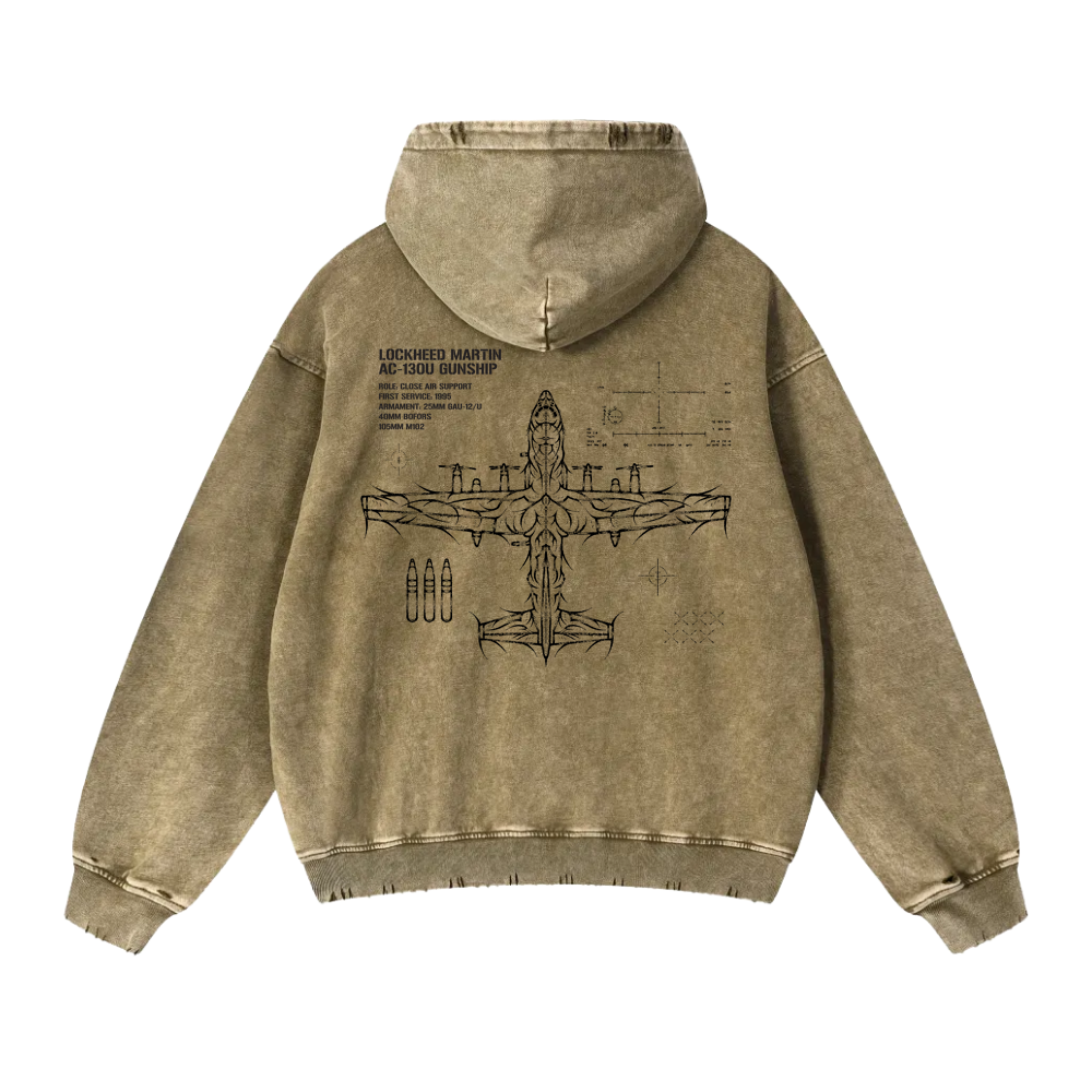 Tan hoodie featuring black AC-130U gunship technical line art and aviation-inspired graphics on back.