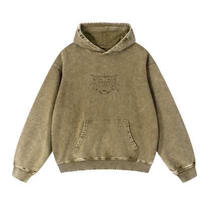 Tan washed hoodie with black aviation-inspired linework graphic on front and kangaroo pocket