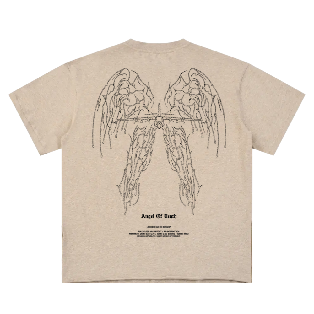 Tan streetwear t-shirt with aviation-inspired wings and aircraft graphic on the back