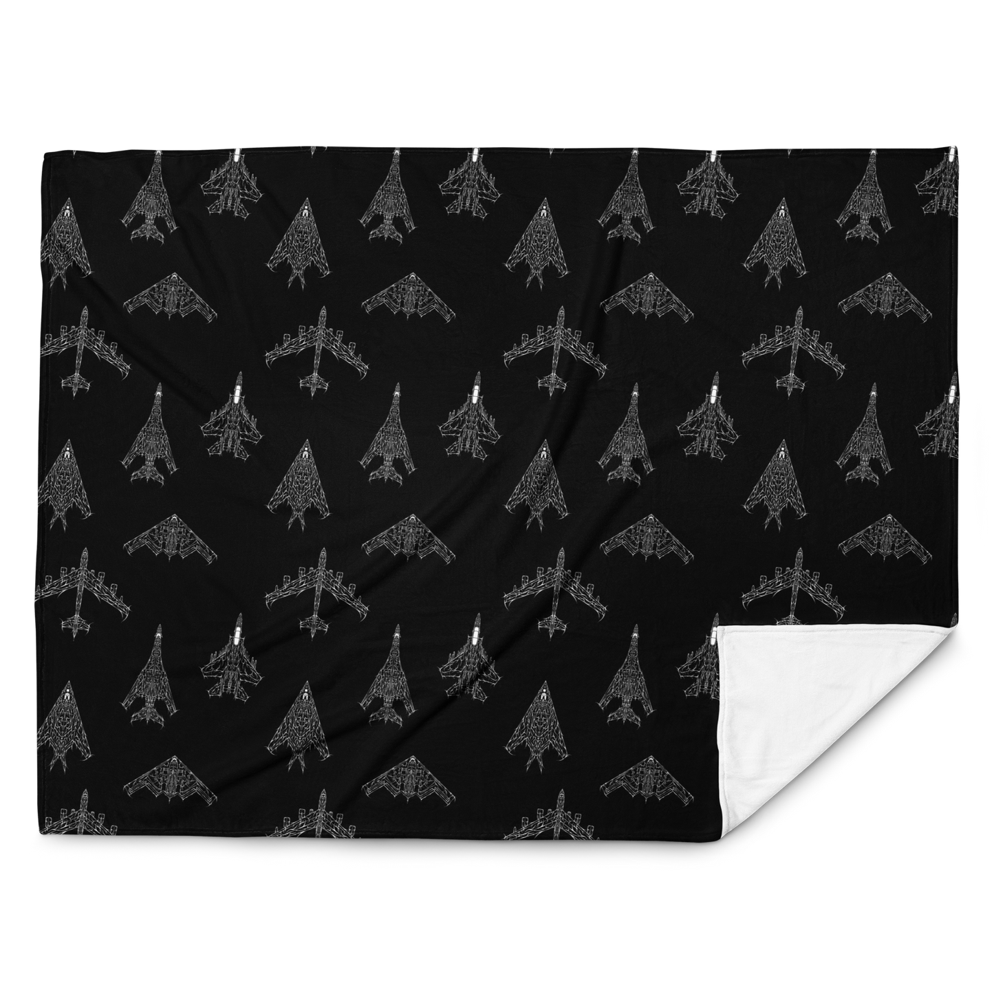 Black throw blanket with white tactical jet aircraft pattern, aviation-inspired design