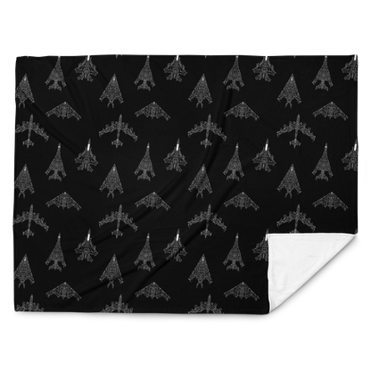 Black throw blanket with white tactical jet aircraft pattern, aviation-inspired design